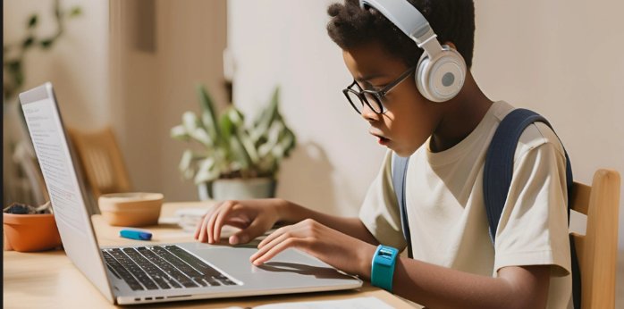 A learner studying independently with headphones on, focused on a laptop