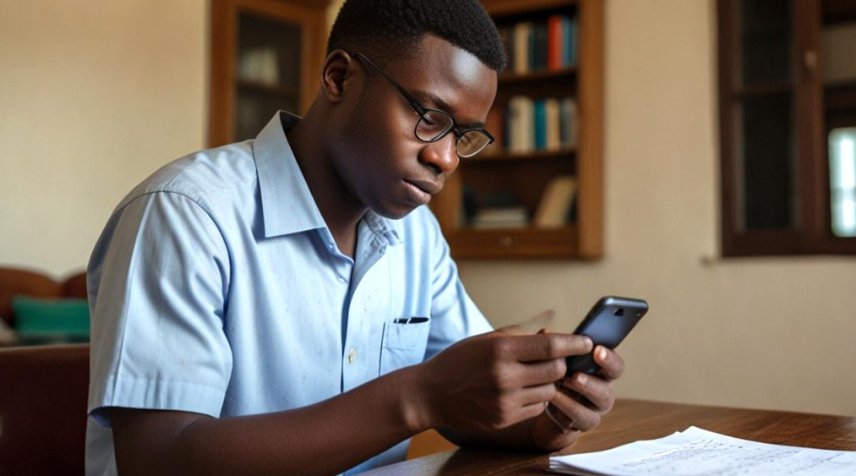 A student in school uniform working through a problem on his phone
