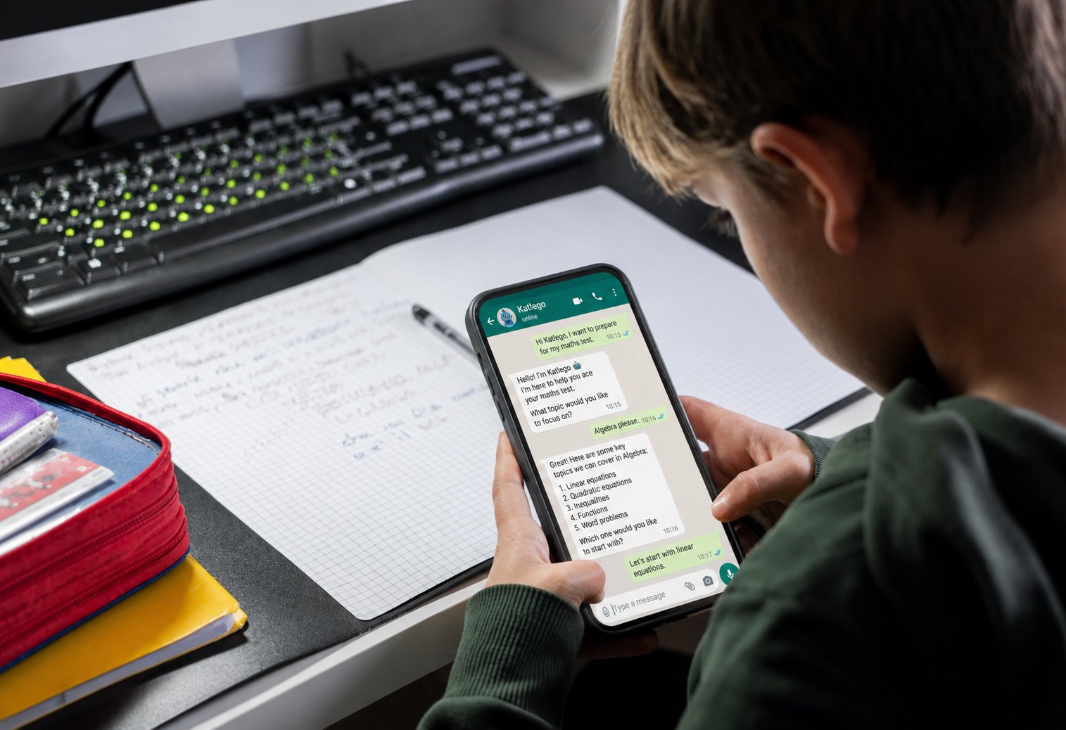 A learner chatting with his AI tutor on WhatsApp while doing homework at his desk